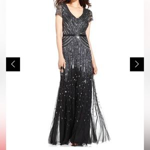 Adrianna Papell Black Silver Sequins V-Neck Cap Sleeve Evening Gown - Size 12